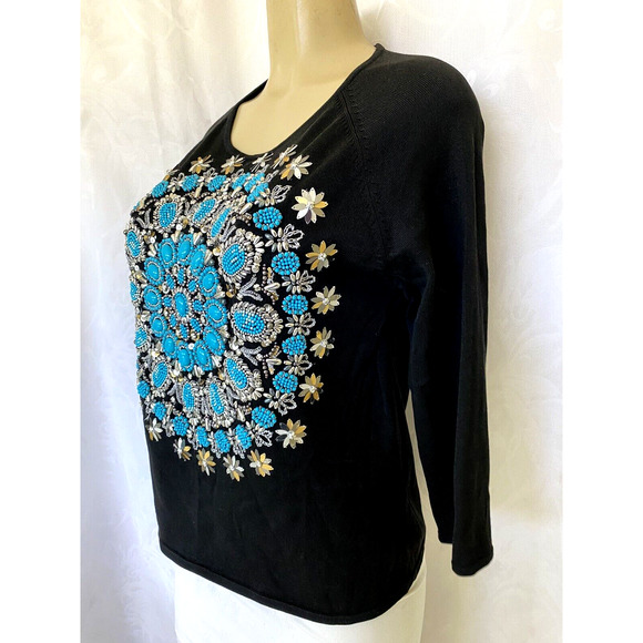 Michael Simon Top Blouse 3/4 Sleeve Round Neck Beaded Mandala Turquoise … - Picture 4 of 5